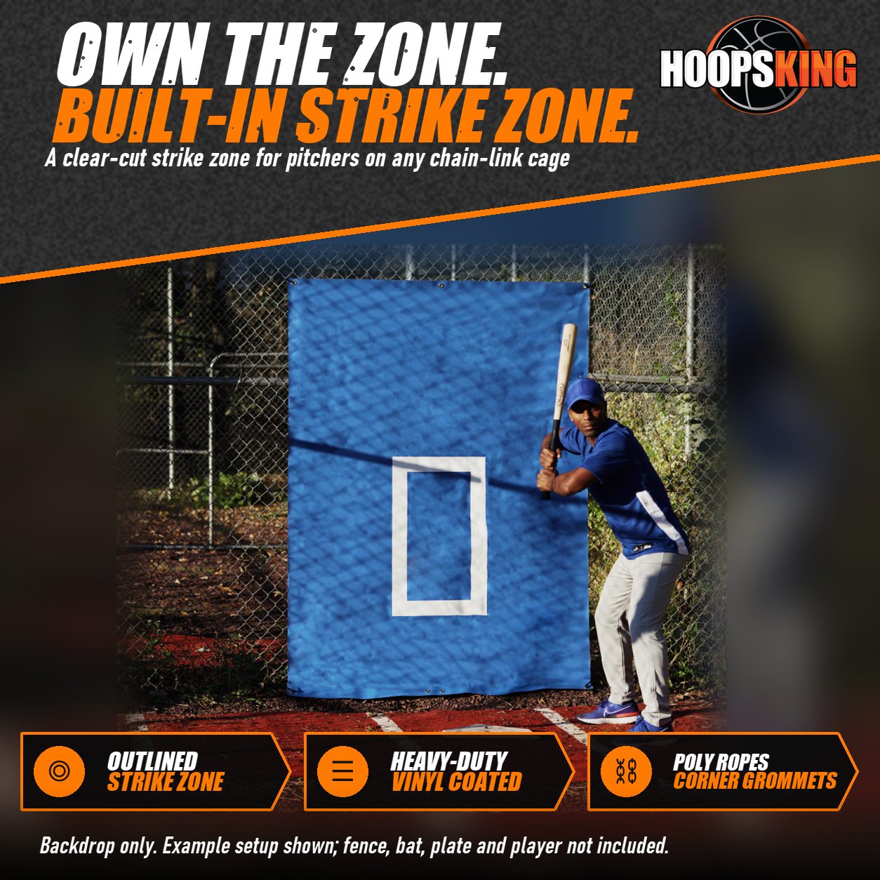 Blue CageSaver batting cage backdrop with a white strike zone outline hung on a chain-link fence behind a batter at home plate