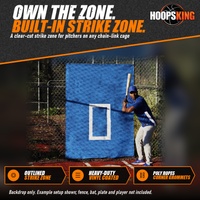Thumbnail for Blue CageSaver batting cage backdrop with a white strike zone outline hung on a chain-link fence behind a batter at home plate