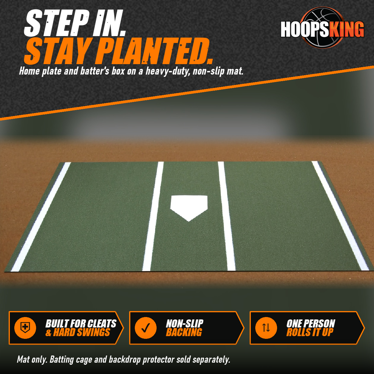 Green ProTurf home plate mat with a white home plate and batter's box lines on a clay-colored surface