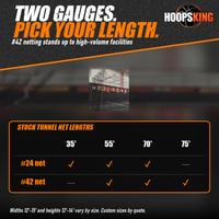 Thumbnail for Chart of stock #24 and #42 batting tunnel net lengths below a black batting cage net in an indoor facility
