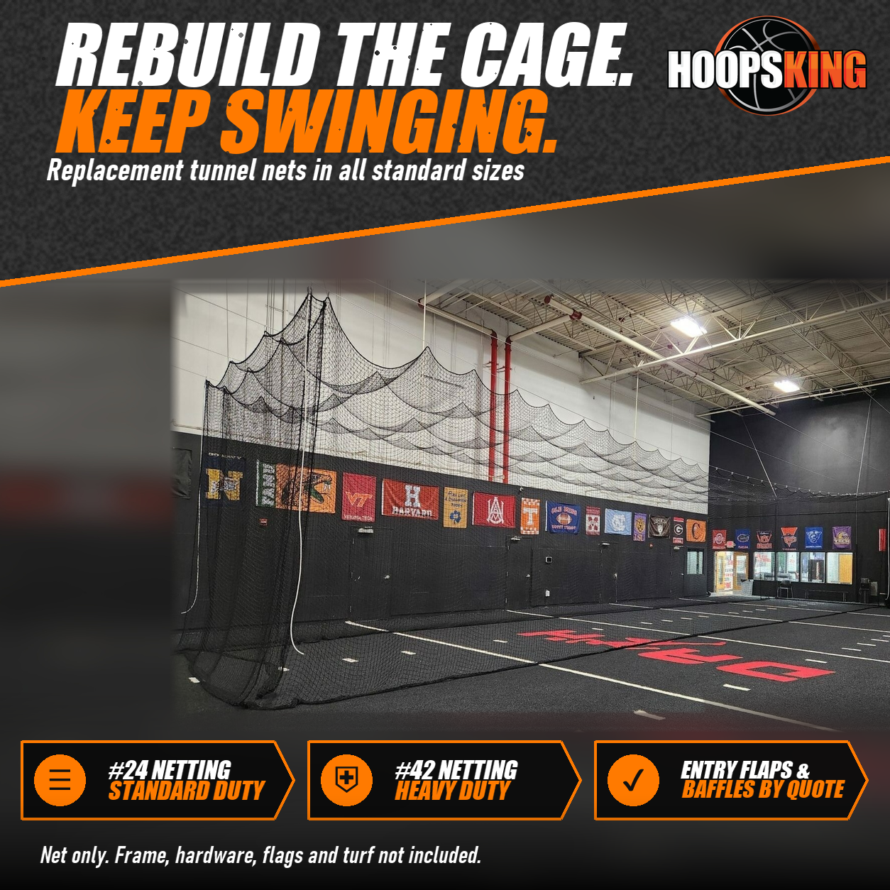 Black batting cage tunnel net hanging from cables in an indoor training facility with college flags on the wall