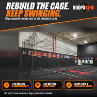 Thumbnail for Black batting cage tunnel net hanging from cables in an indoor training facility with college flags on the wall
