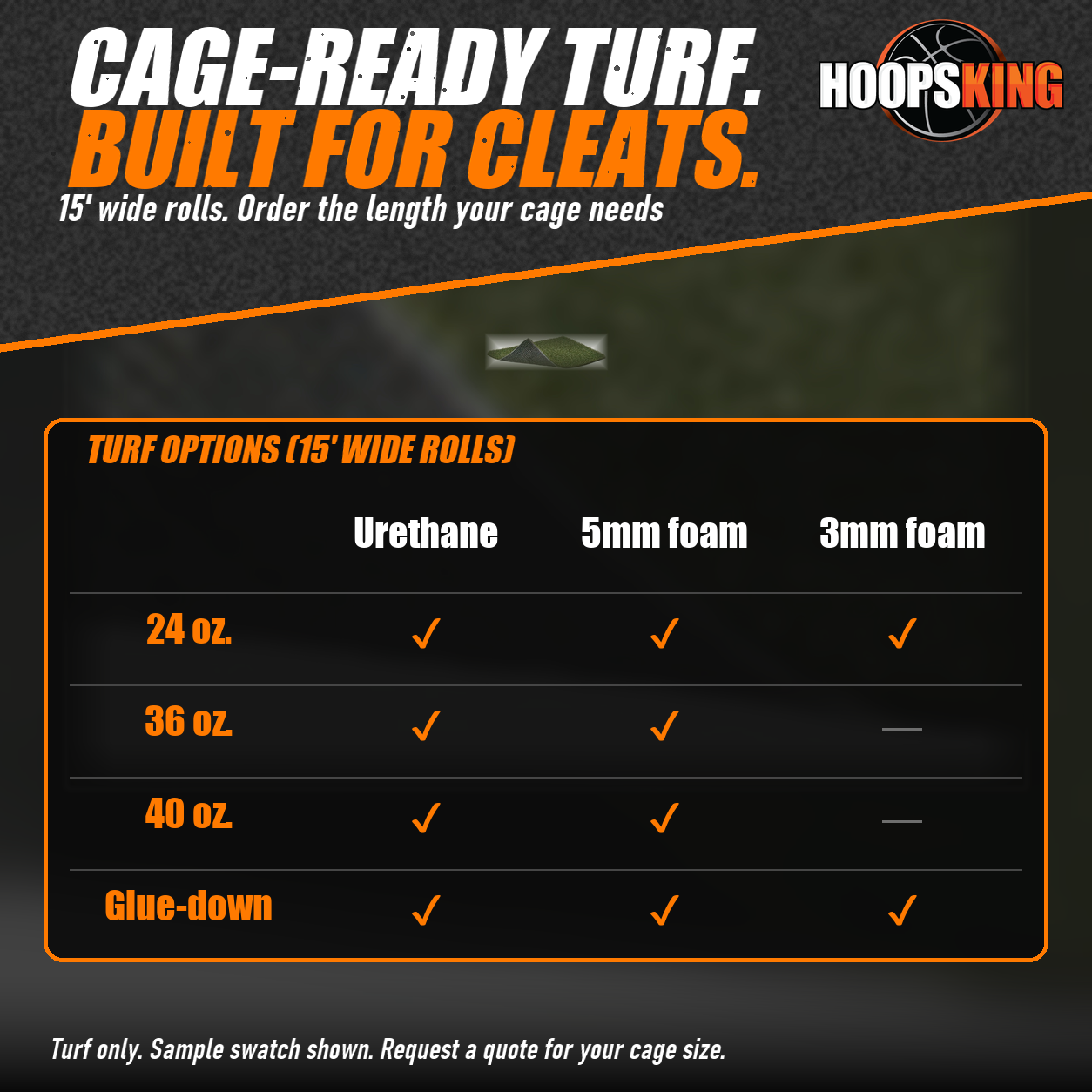 Swatch of green artificial batting cage turf with one corner curled back to show the gray woven backing