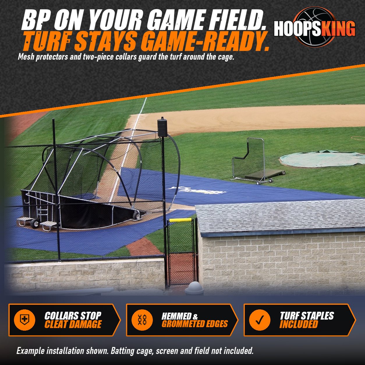 Navy mesh infield protector laid around a portable batting cage at home plate on a college baseball field