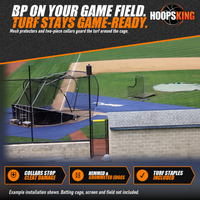 Thumbnail for Navy mesh infield protector laid around a portable batting cage at home plate on a college baseball field