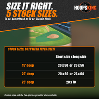Thumbnail for Green mesh infield protector covering the turf around home plate in a stadium, above a size chart