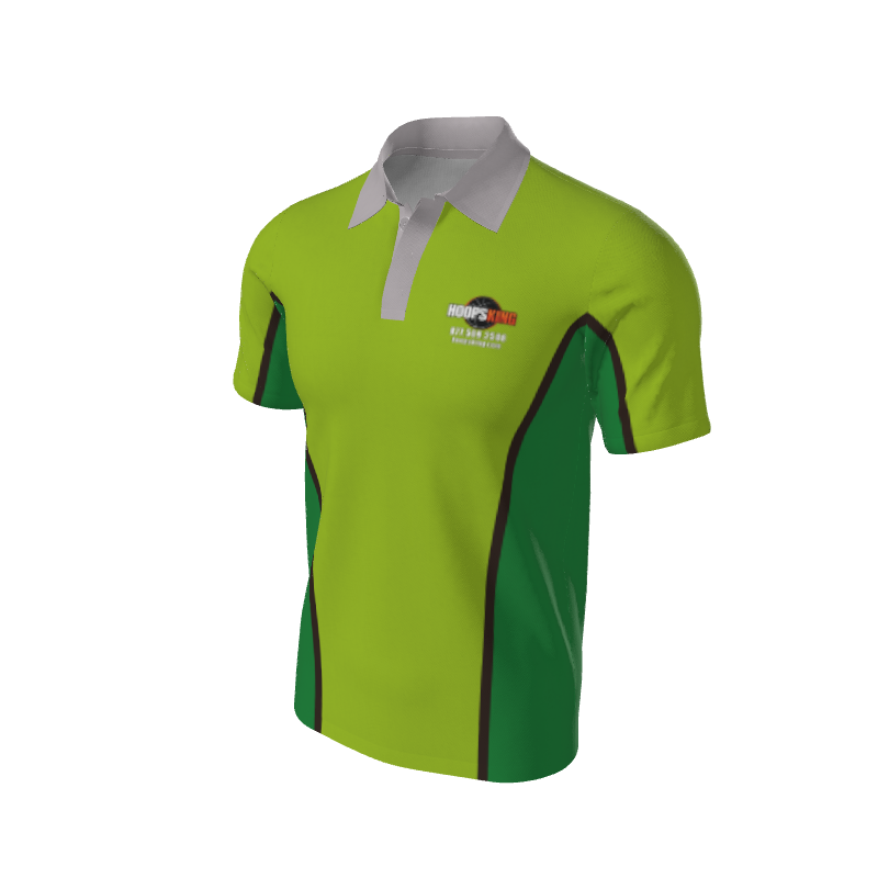 Men's lime green and dark green short-sleeved polo shirt with white collar and "HOOPSKING" logo.