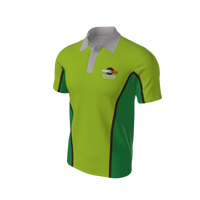 Thumbnail for Men's lime green and dark green short-sleeved polo shirt with white collar and 