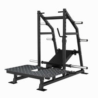 Thumbnail for Black plate-loaded belt squat machine with a diamond plate platform and multiple weight storage pegs.
