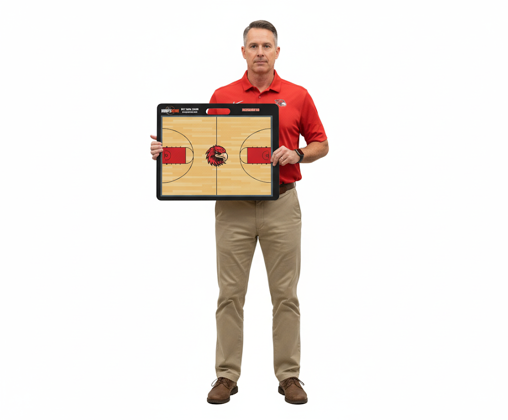 Man in red shirt and khaki pants holding a custom basketball coaching board with a red eagle logo.