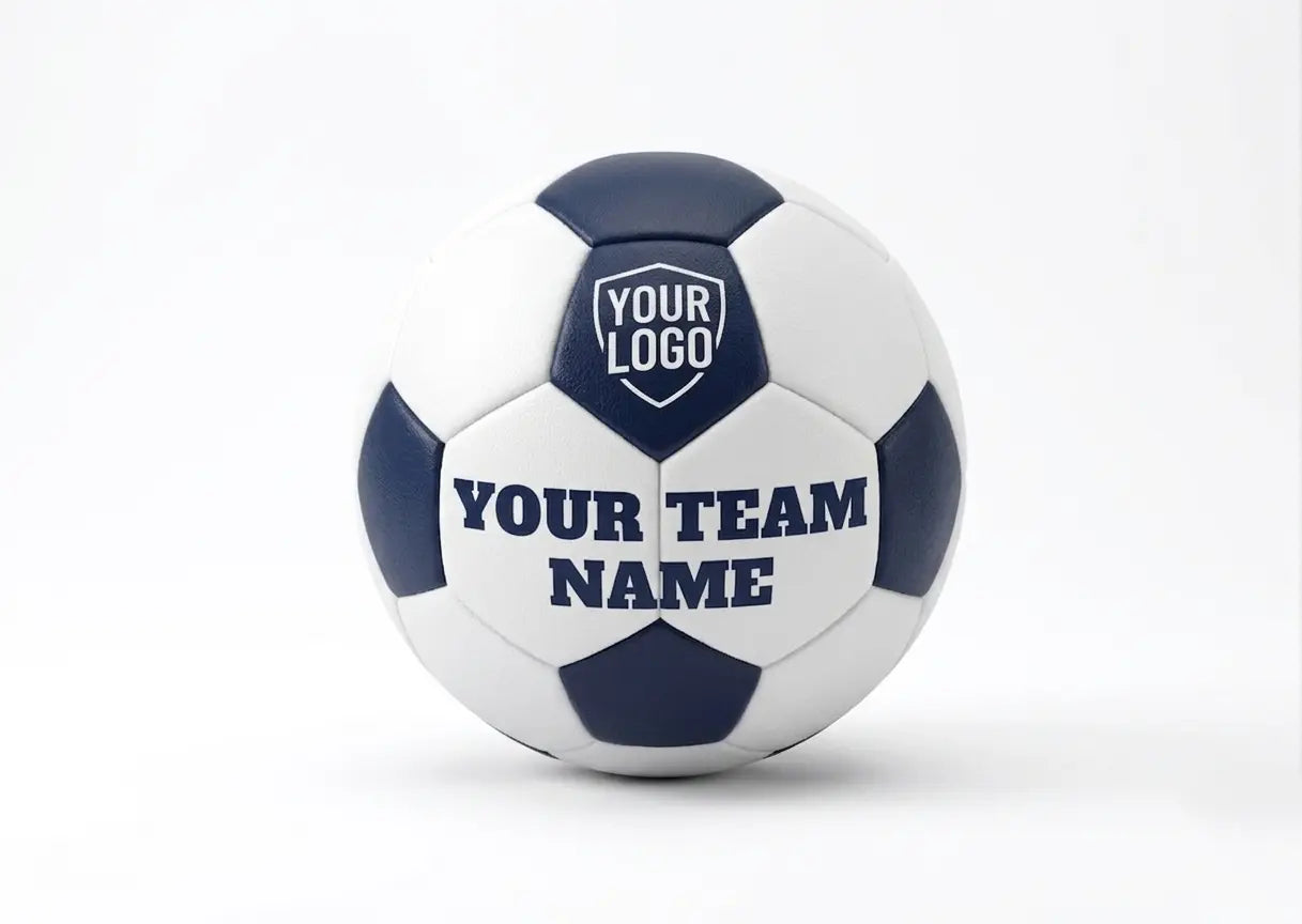 White and navy blue soccer ball with "YOUR LOGO" and "YOUR TEAM NAME" text.