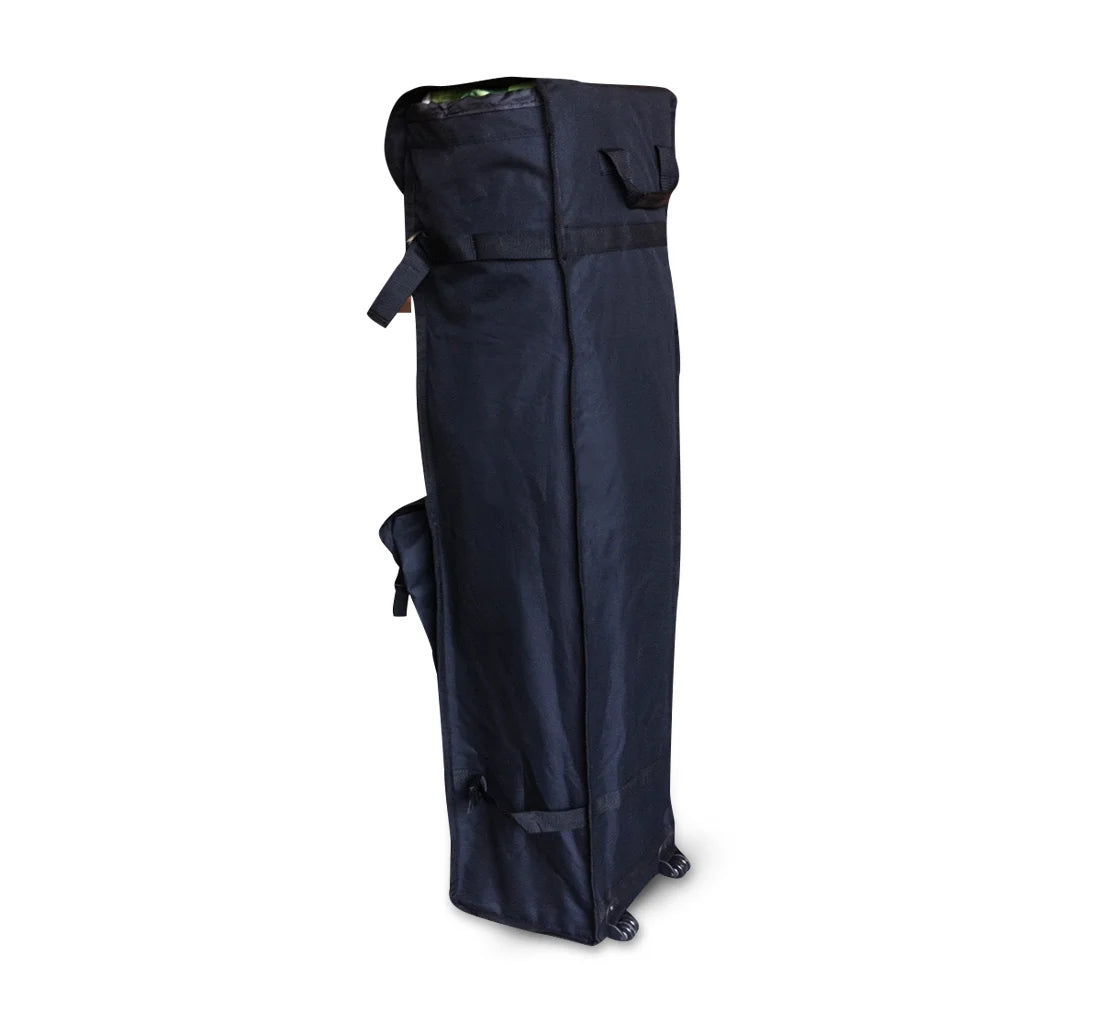 Dark blue canopy tent travel bag with wheels, handles, and side pockets.