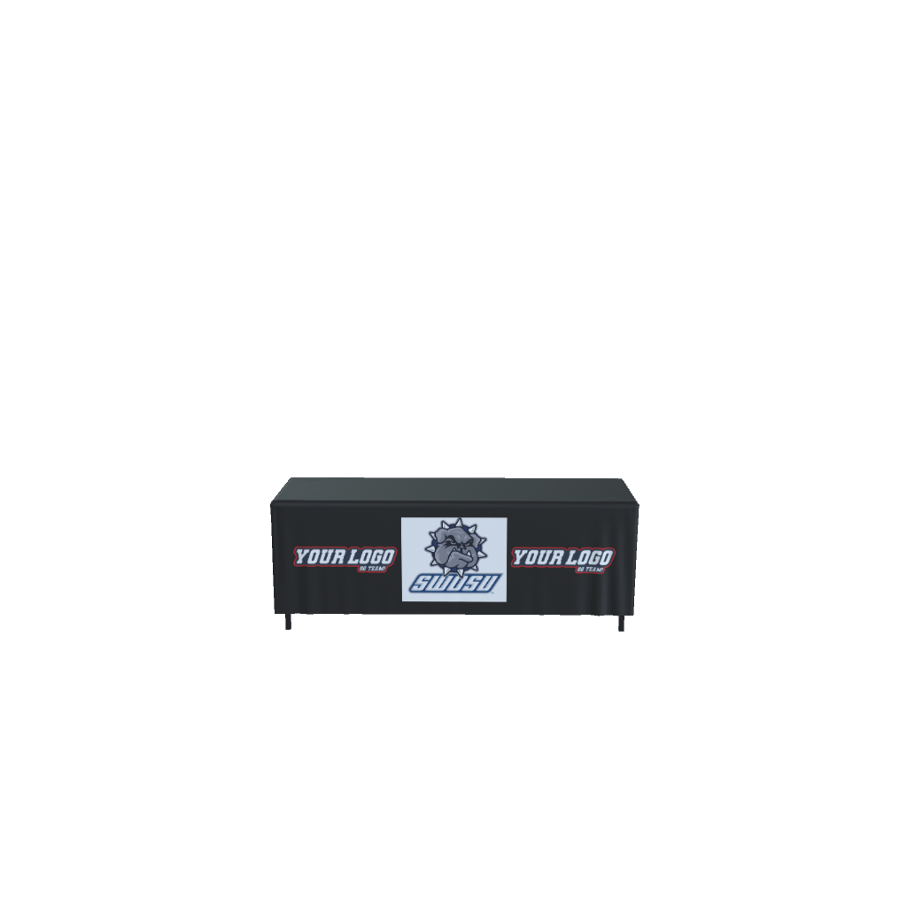Black table with a custom table cover featuring a bulldog logo and "SWOSU" in the center.