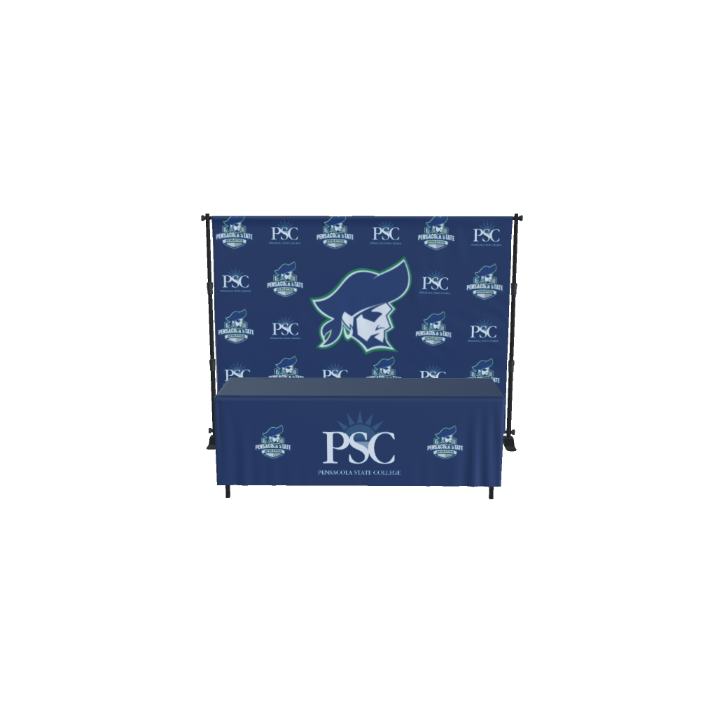 Custom Pensacola State College backdrop and table cover with logo and mascot.
