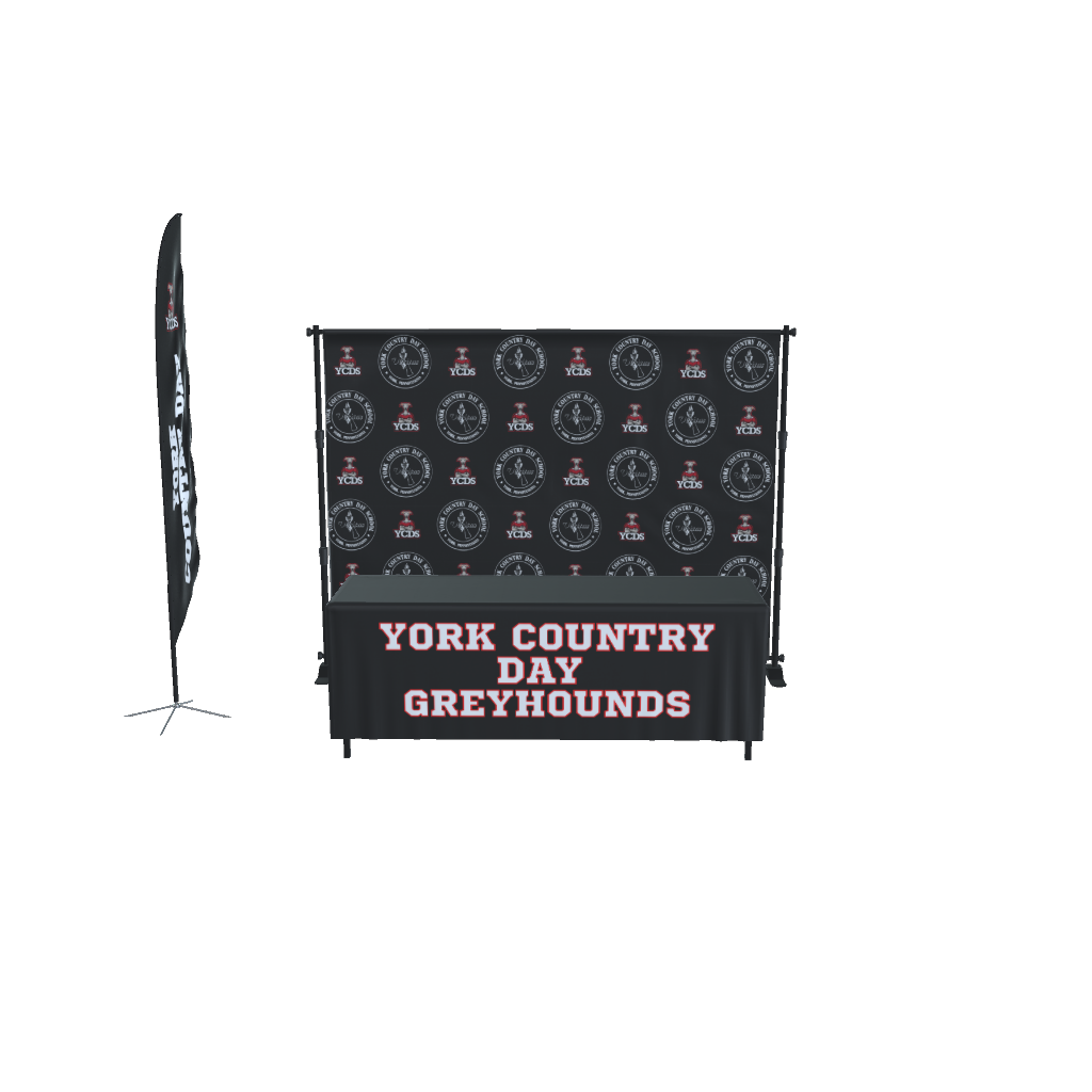 Black custom backdrop, table cover, and feather flag with "YORK COUNTRY DAY GREYHOUNDS" text.