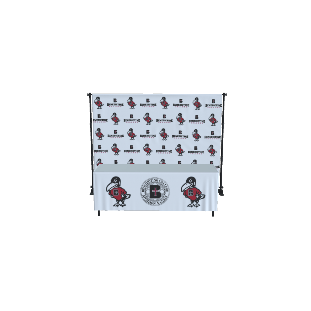 Custom backdrop and table cover with Benedictine College logo and raven mascot.