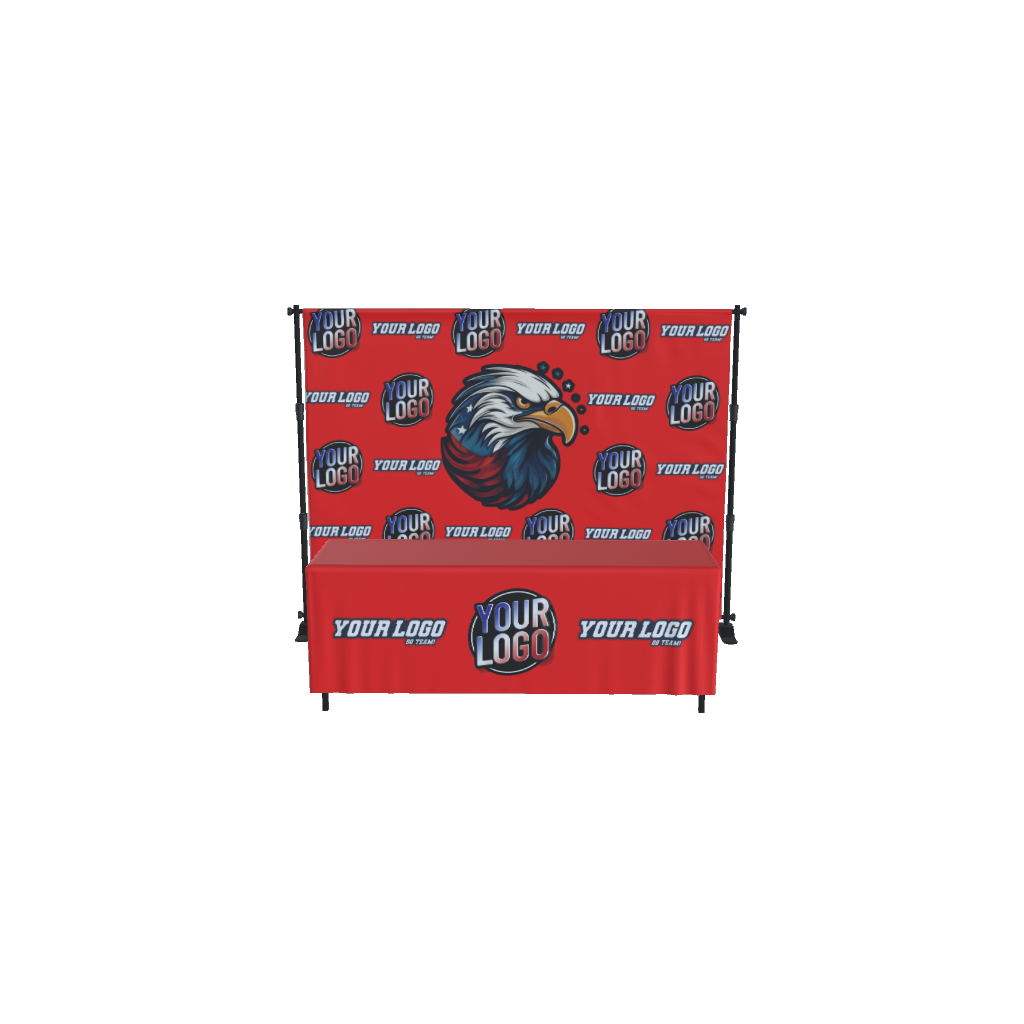 Red custom backdrop with eagle logo and table cover with "Your Logo" text.