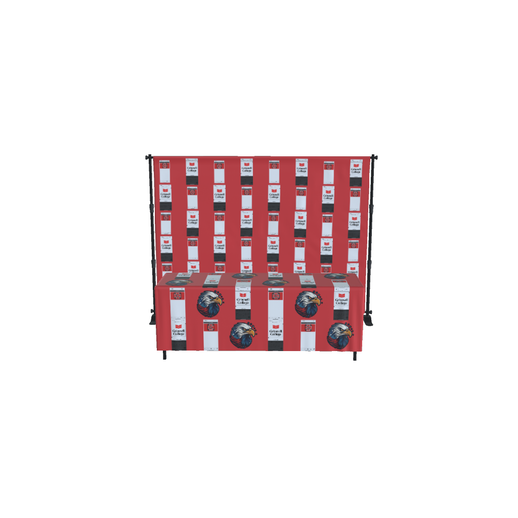 Red and white custom backdrop and table cover with "Grinnell College" text and eagle logo.