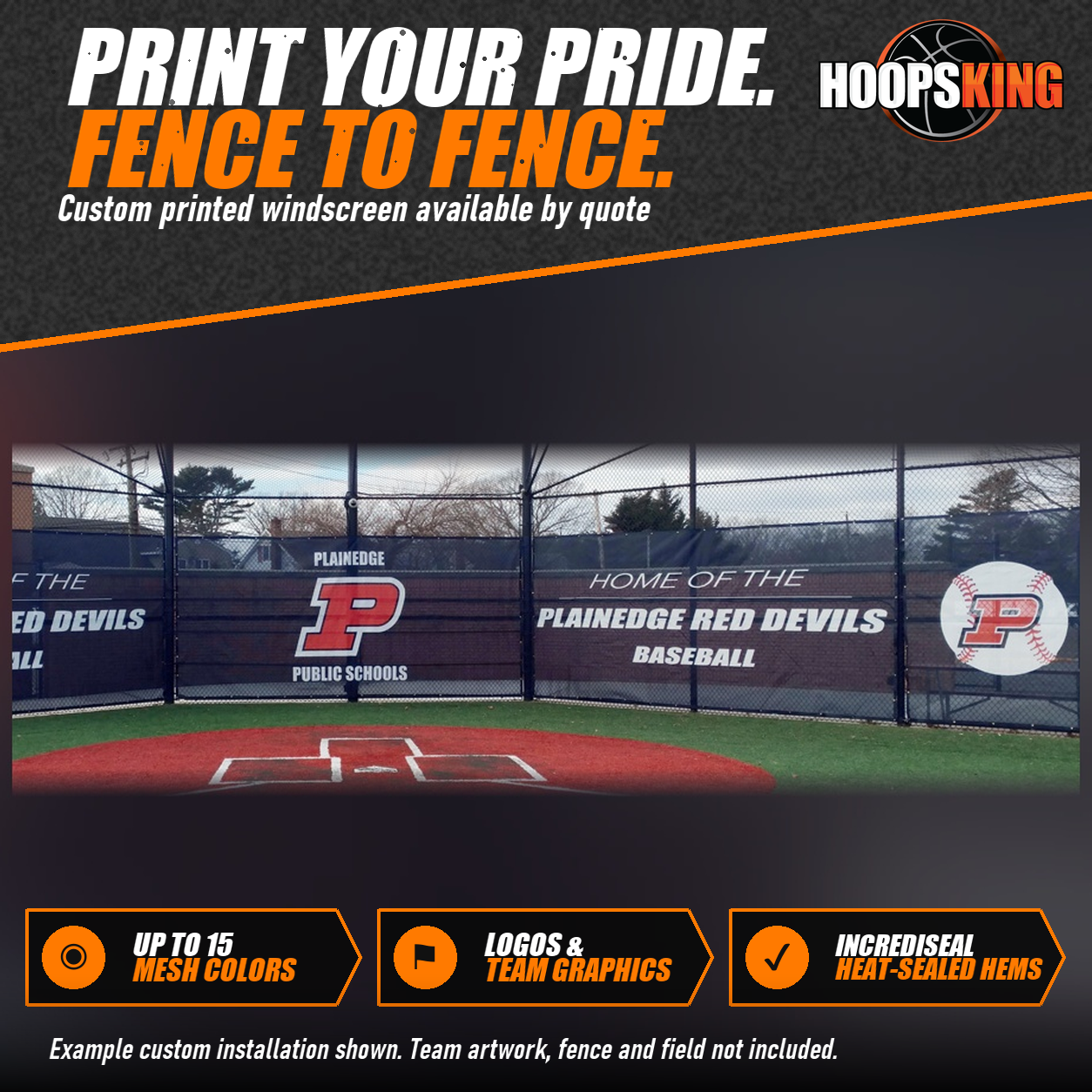 Navy printed windscreen reading Home of the Plainedge Red Devils Baseball with a red P logo on a batting cage fence