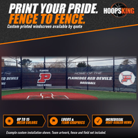 Thumbnail for Navy printed windscreen reading Home of the Plainedge Red Devils Baseball with a red P logo on a batting cage fence