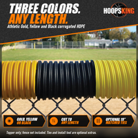 Thumbnail for Close view of gold, black and yellow corrugated chain link fence topper sections on a fence at a baseball field