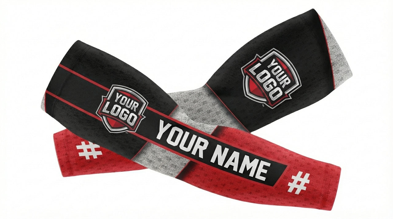 Two custom arm sleeves, one black with "YOUR LOGO" and one red with "YOUR NAME" and a hashtag.