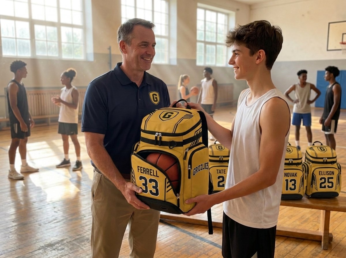 Basketball coach handing a new custom team backpack to a player, more personalized bags on the bench