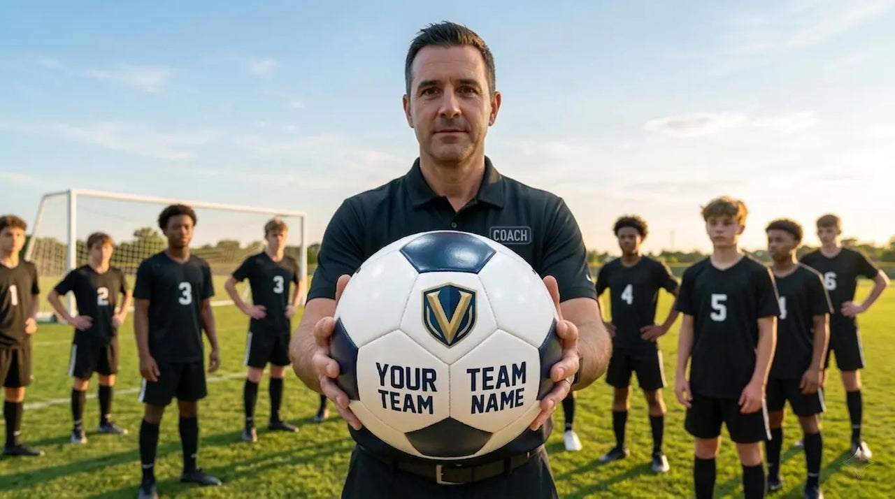 Coach holding a custom soccer ball with "YOUR TEAM NAME" on it, team of players in background.