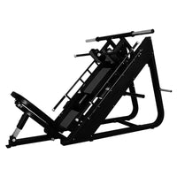 Thumbnail for Black plate-loaded hack squat and leg press machine with adjustable foot plate and back pad.