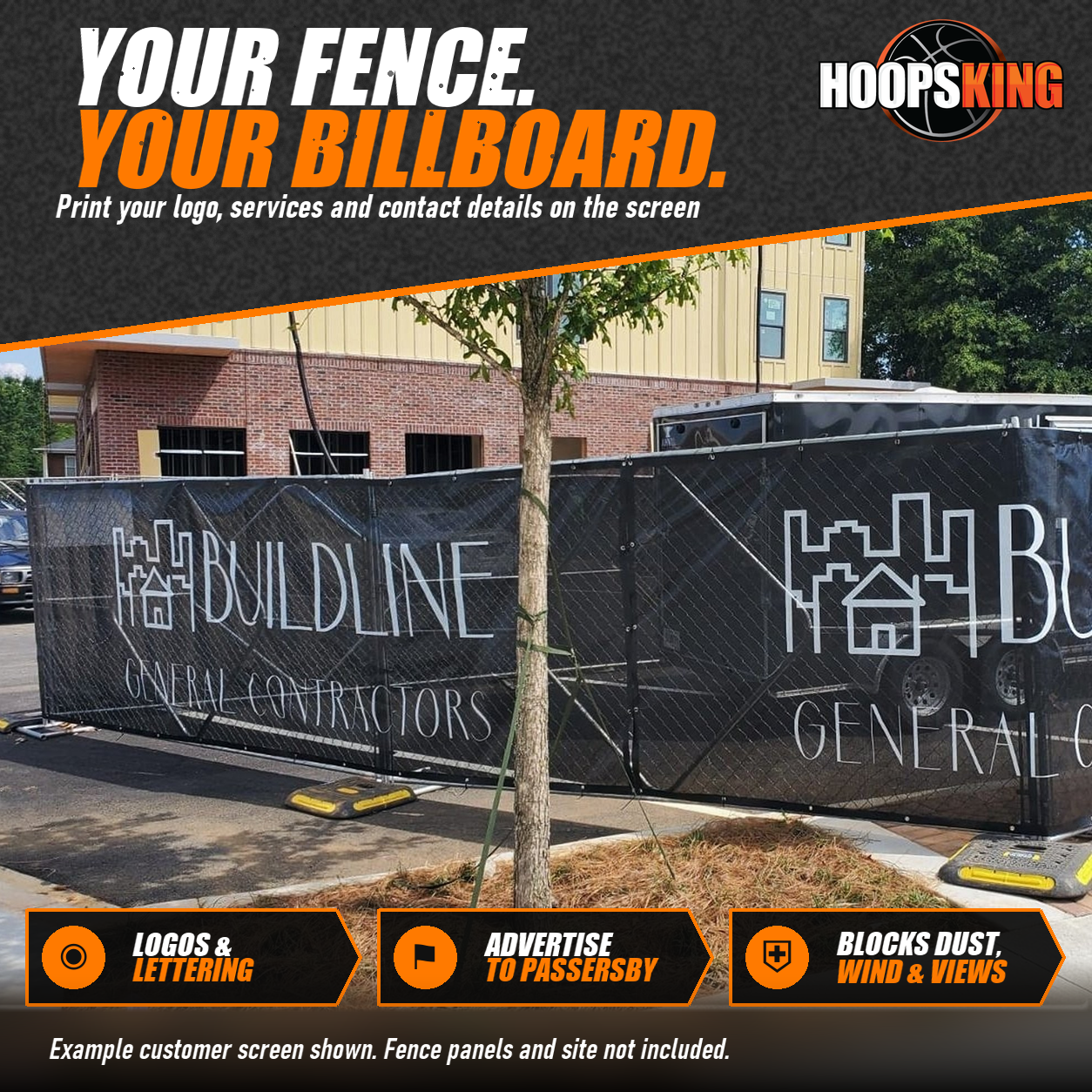 Black mesh construction fence screen printed with the Buildline General Contractors logo on temporary fence panels outside a new building