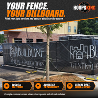 Thumbnail for Black mesh construction fence screen printed with the Buildline General Contractors logo on temporary fence panels outside a new building