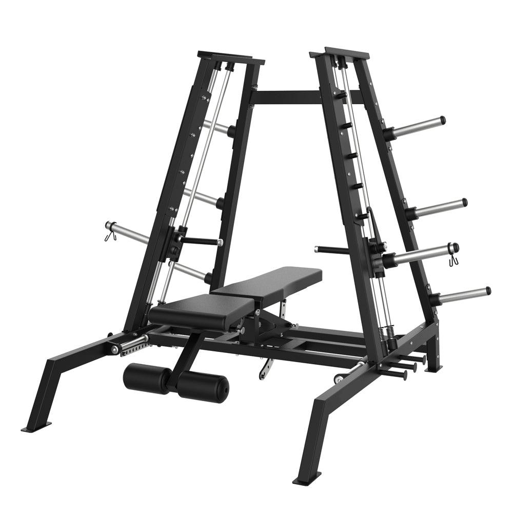 Black plate-loaded chest press machine with an adjustable bench and leg attachment.