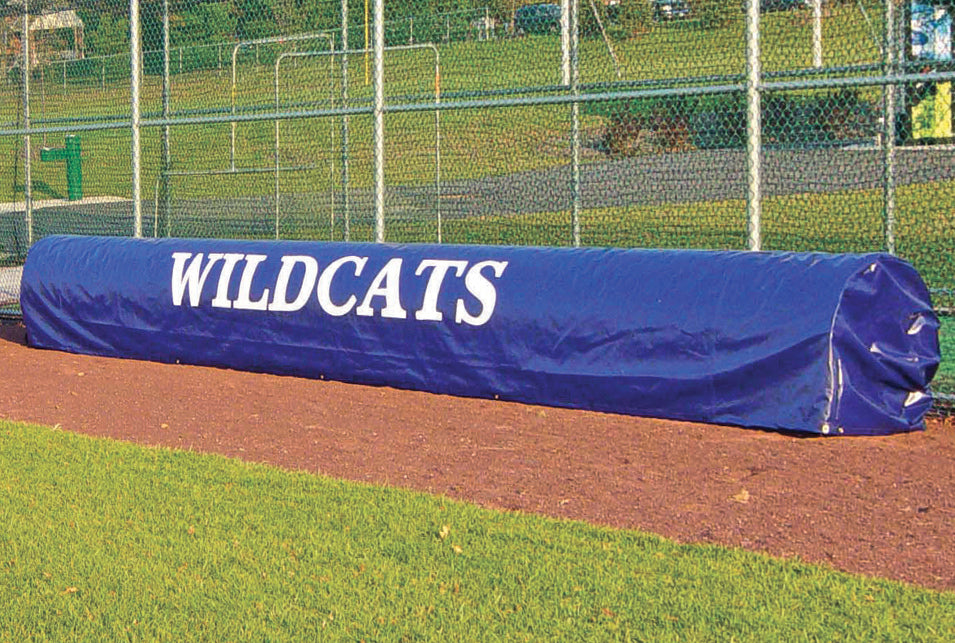 Printed roller cover protecting field tarp while not in use