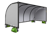 Thumbnail for Portable team shelter with a black frame, gray cover, wheels and green sandbags on a white background