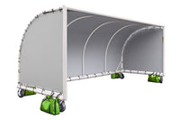 Thumbnail for Portable team shelter with a white frame, gray cover, wheels and green sandbags on a white background