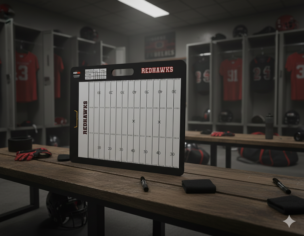 Football coaching board with "REDHAWKS" text on a wooden bench in a locker room.
