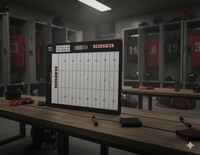 Thumbnail for Football coaching board with "REDHAWKS" text on a wooden bench in a locker room.