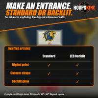 Thumbnail for Lighting options chart for custom acrylic signs below a backlit navy and gold lion mascot sign on a school wall
