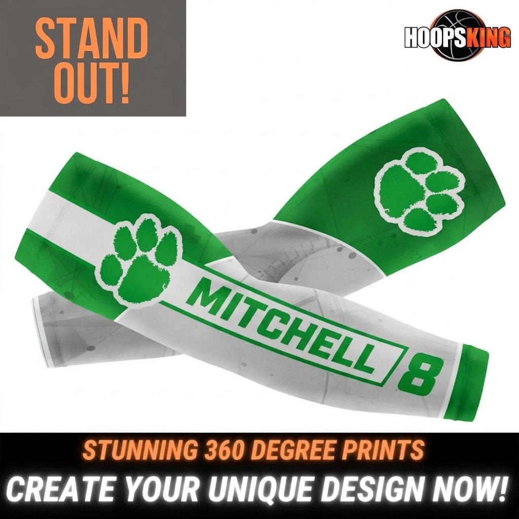 Green custom arm sleeve with paw logo reading Mitchell 8, stunning 360 degree prints
