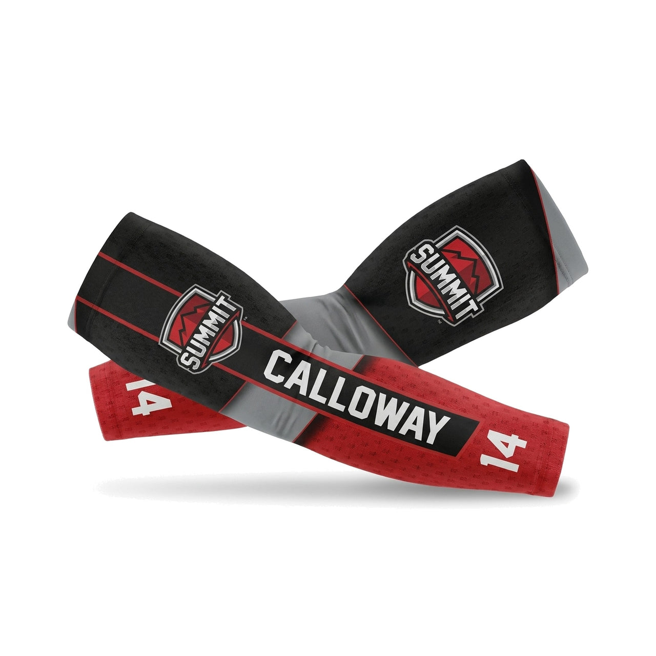 Pair of custom arm sleeves in black, red and gray with a SUMMIT team crest, the name Calloway and number 14
