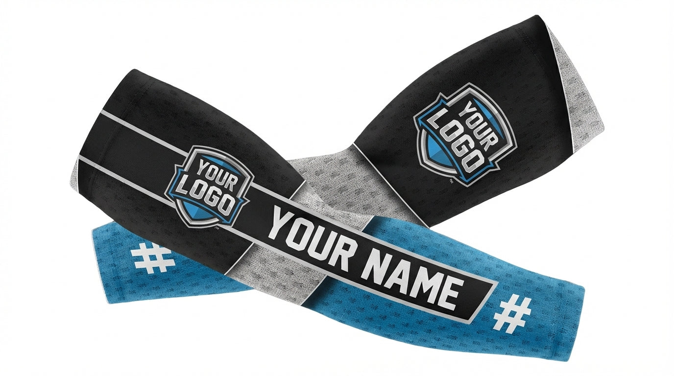 Customizable arm sleeve with logo, name, and number placeholders on a white background