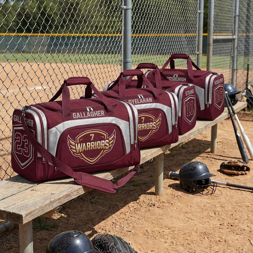Maroon Warriors custom baseball duffle bags lined up on a dugout bench with player names