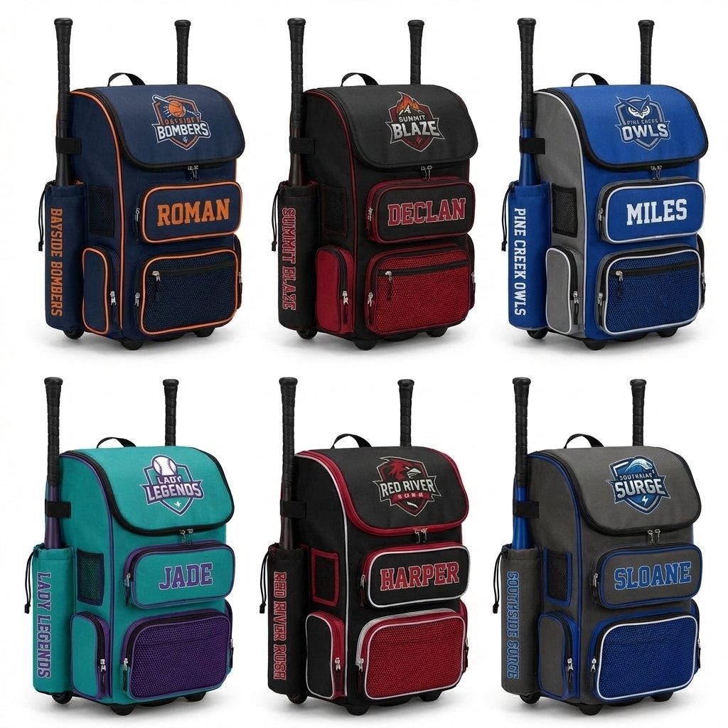 Six custom baseball and softball bat backpacks in different team colors, each with a team crest and player name