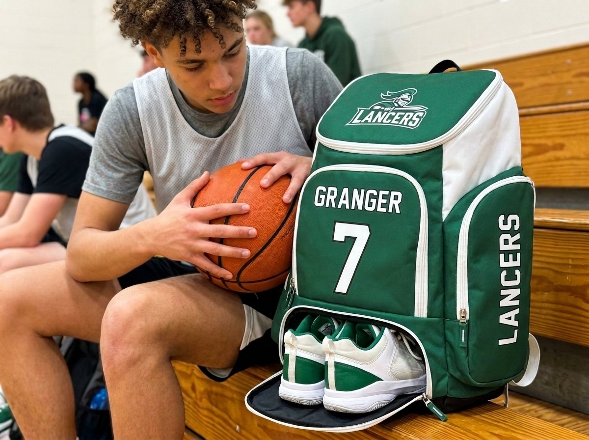 Player loading a basketball into the front ball compartment of a custom basketball backpack with shoes in the bottom compartment