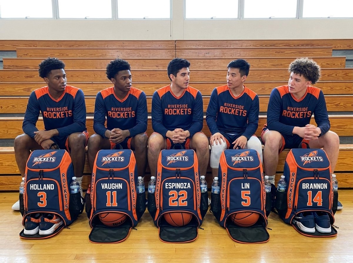 High school basketball team on the bleachers with matching custom basketball backpacks, each with a player name and number