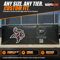 Thumbnail for Black mesh bleacher enclosure printed with a maroon and white Viking logo and a white sponsor logo with QR code at a ballfield