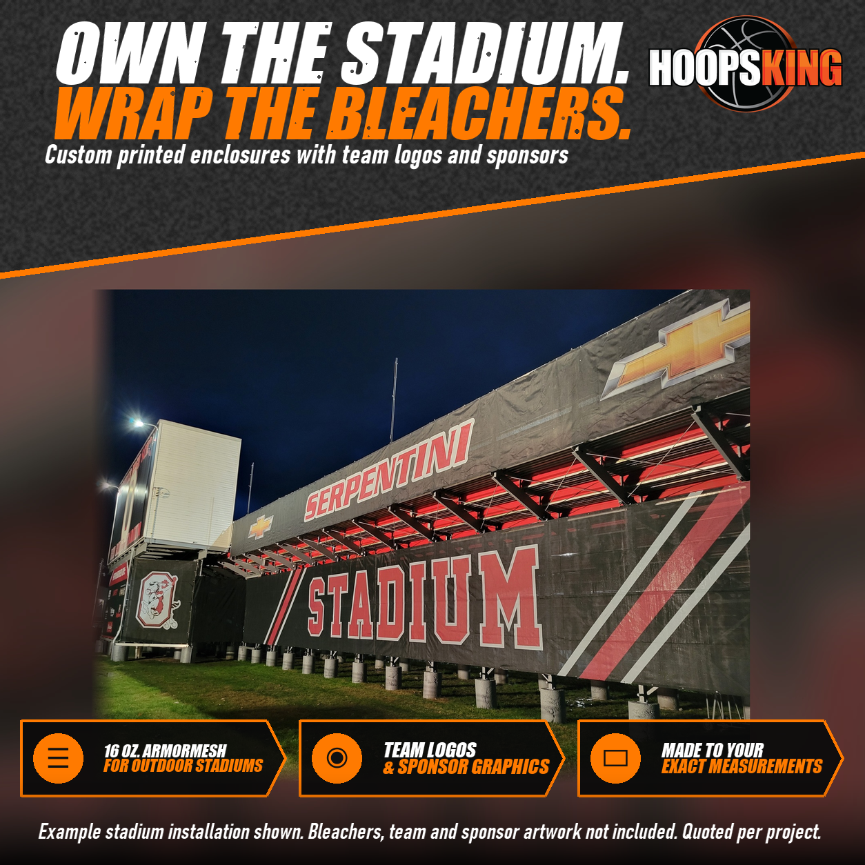 Black stadium bleacher enclosure printed with red Serpentini Stadium lettering, a mascot logo and sponsor graphics at night