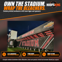 Thumbnail for Black stadium bleacher enclosure printed with red Serpentini Stadium lettering, a mascot logo and sponsor graphics at night