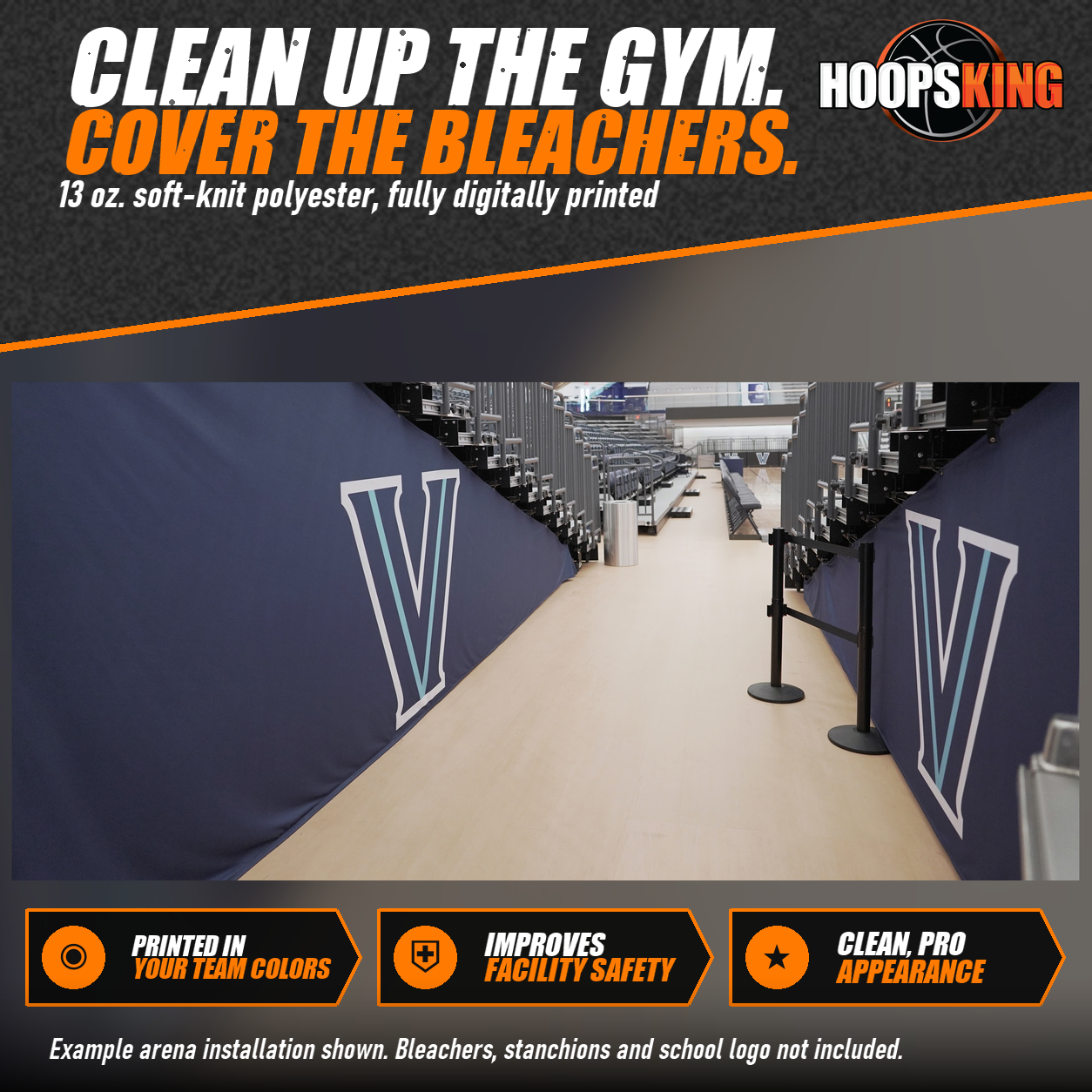 Navy printed gym bleacher covers with large white and light blue V logos lining both sides of an arena aisle