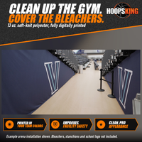Thumbnail for Navy printed gym bleacher covers with large white and light blue V logos lining both sides of an arena aisle